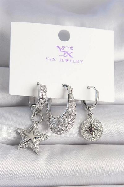 Clariss Brass Silver Color Zircon Stone Star Model Pole Star Engraved Detail 3-Piece Women's Combination Earrings