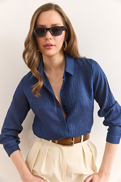 Olalook Women's Navy Blue Thin Striped Woven Shirt Gml-19001336