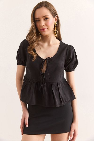 Olalook Women's Black Lace Detailed Woven Blouse Blz-19002947