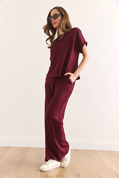 Olalook Kadın Bordo Üst Bluz Alt Cepli Pantolon Takım TKM-19000378