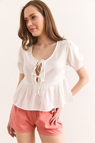 Olalook Women's Ecru Lace Detailed Woven Blouse Blz-19002947