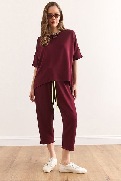 Olalook Women's Burgundy Asymmetrical Bluzlu Soft Textured Bottom Top Crystal Team Tkm-19000269