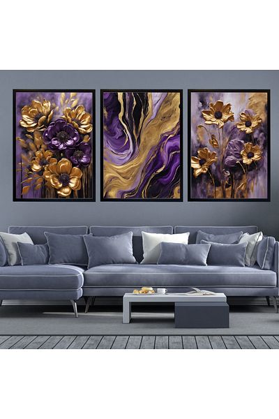 mixefor Poză imprimată pe pânză cu tematică florală - Set de 3 bucăți OPȚIUNE DE CADRU DE CULOARE NEGRU ȘI AUR