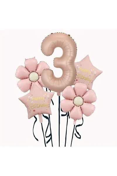 DÜVENCİ TİCARET Pink Daisy Star Foil Balloon Age Balloon Set