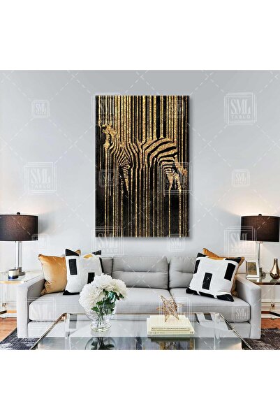 SML TABLO Modern Gold Detaylı Zebra Lüks Dekoratif Hayvan Dikey Kanvas Tablo