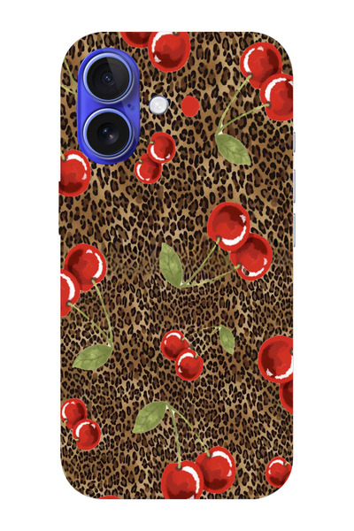 moonset Iphone 16 Plus Uyumlu Leopar ve Kiraz Tasarımlı Baskılı Şeffaf Telefo...