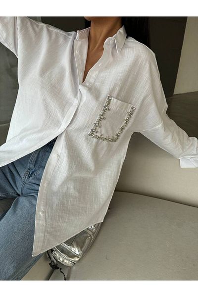 JESSE STORY Cămașă de in pentru femei Cămașă din popelin cu buzunare și accesorii din piatră (100% bumbac)
