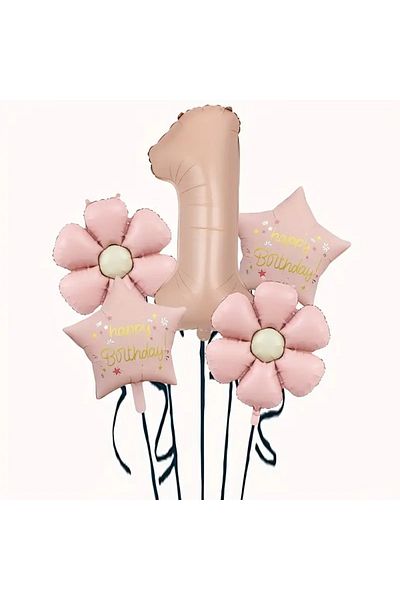 DÜVENCİ TİCARET Pink Daisy Star Foil Balloon Age Balloon Set
