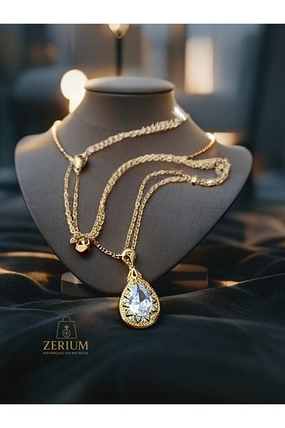 ZERİUM قلادة قطرة ضوء القمر - قلادة نسائية من الفولاذ مطلية بالذهب 316 لتر