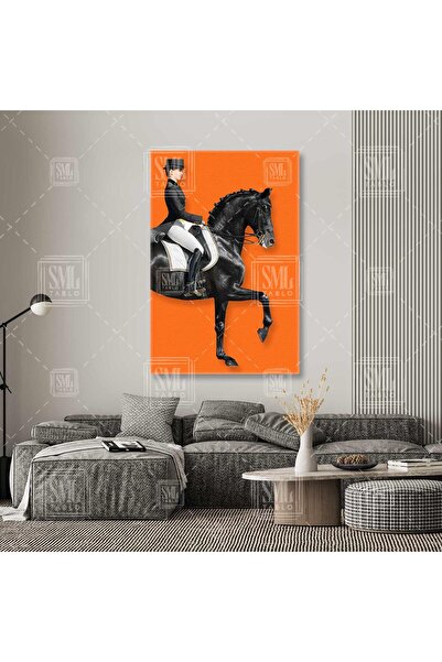SML TABLO At Üzerinde Asil Jokey Turuncu Fon Dikey Kanvas Tablo