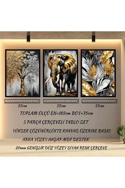 mixefor Set de 3 bucăți de pictură pe pânză înrămată - Set de decor de perete elefant Opțiune de cadru de culoare negru și auriu