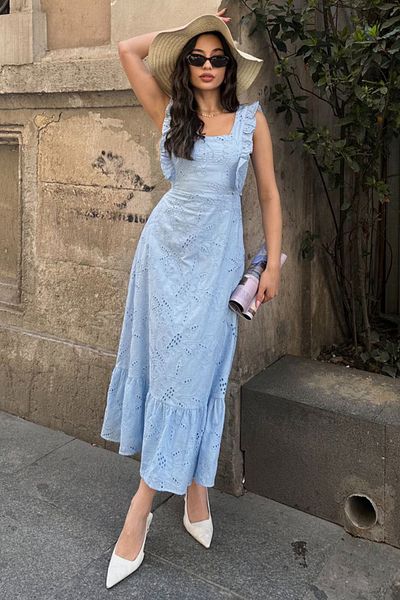AYASOFYA OTANTIK Rochie lungă, cu fundă, căptușită, fără mâneci, cu fundă, albastru deschis, cu detaliu de legare