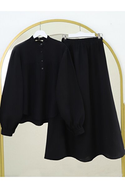 HİJABAYA Σετ Μουσελίνα Φούστα Μπλούζα με Οβάλ Κομμένο Όρθιο Γιακά