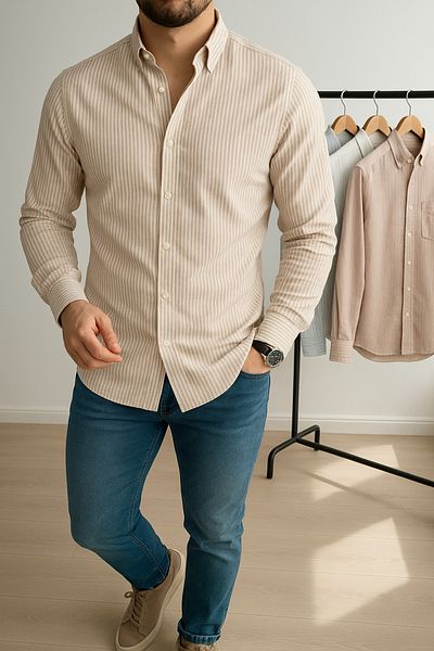 LC Waikiki قميص رياضي كلاسيكي بأكمام طويلة وأزرار سهلة الكي ومخطط أنيق للرجال هدية للحبيب