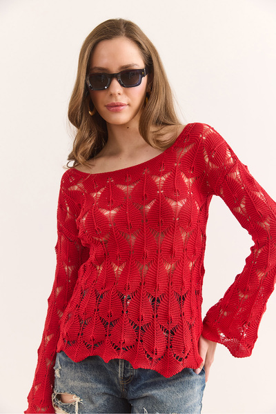 Olalook Kadın Kırmızı Geniş Yaka Eteği Dalgalı Pamuk Triko Bluz BLZ-19002501