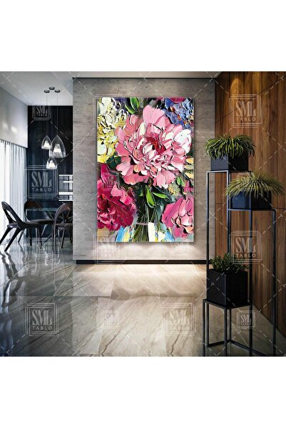 Yellow and Pink Chrysanthemum Flower Bouquet Brush Traces Vertical Canvas Painting