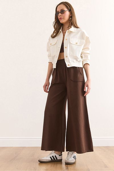 Olalook Women's Brown Elastic Waist Pocket Flared Leg Cotton Gabardine Trousers Pnt-19000314