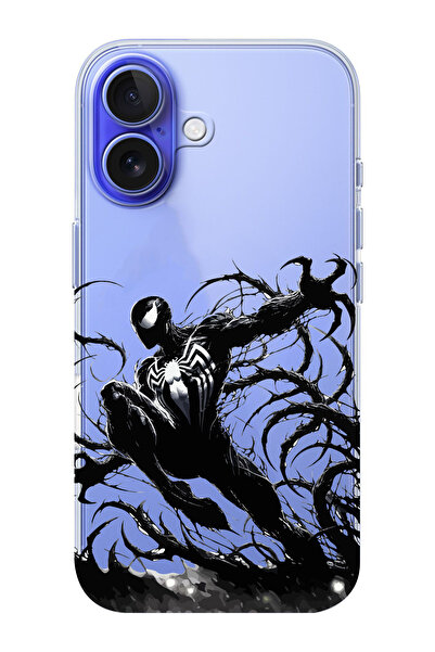 moonset Iphone 16 Uyumlu Siyah Örümcek Tasarımlı Baskılı Şeffaf Telefon Kılıfı