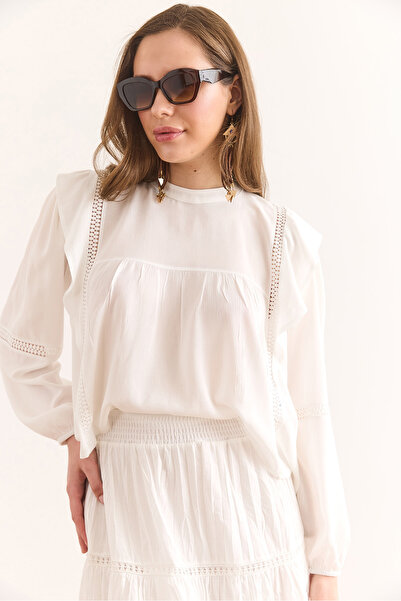 Olalook Women's White Guipure Detailed Viscose Blouse Blz-19002945