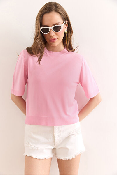 Olalook Γυναικεία μπλούζα πλεκτά βισκόζης με ροζ λαιμόκοψη BLZ-19002948