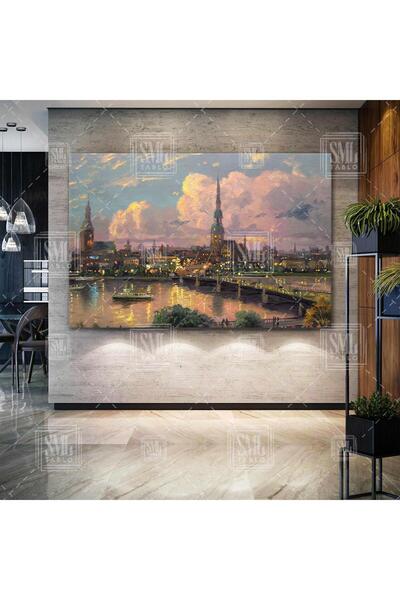 SML TABLO Gün Batımı Şehir Manzarası Yağlı Boya Efektli Yatay Kanvas Tablo