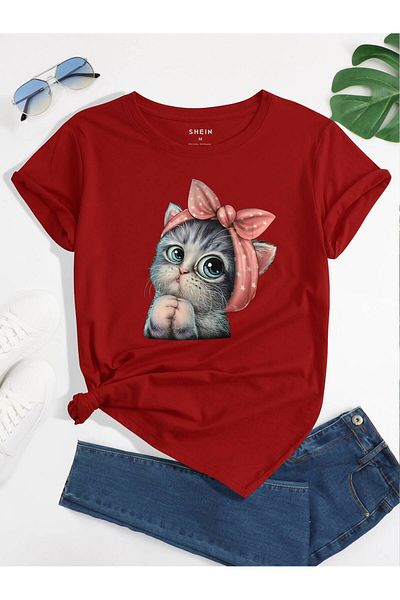 BEETON Cute Cat T-Shirt - Red Printed Oversize Crew Neck Short Sleeve T-Shirt