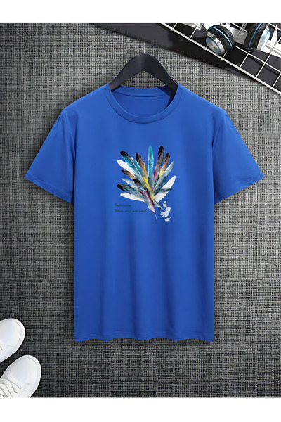 BEETON تي شيرت كبير الحجم للجنسين بنمط ريش ملون - رقبة دائرية، كم قصير