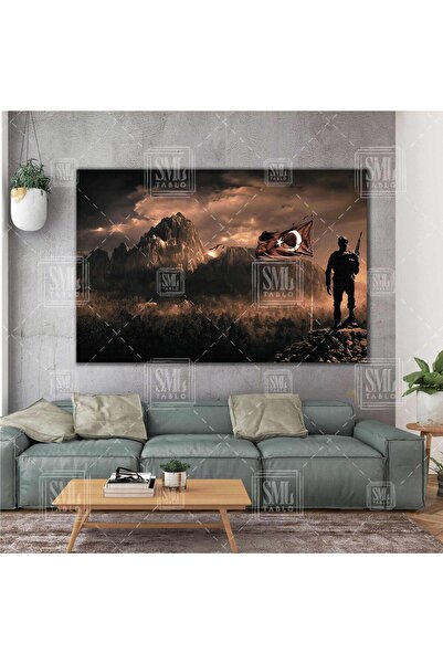 SML TABLO Bordo Bereli Türk Askeri Dalgalanan Bayrak Dağ Komando Yatay Kanvas...