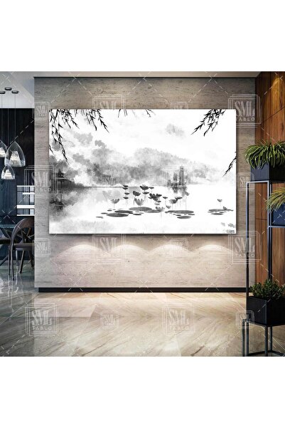 SML TABLO Japon Evleri Göl Doğa Manzarası Gri Tonlar Yatay Kanvas Tablo