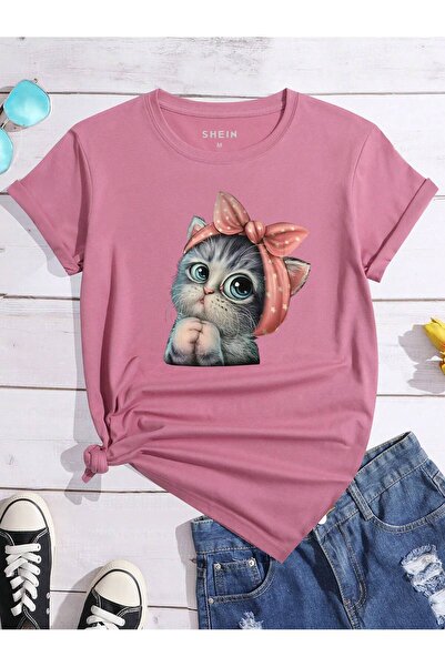 BEETON Μπλουζάκι Cute Cat - Ροζ εμπριμέ κοντομάνικο μπλουζάκι με λαιμόκοψη