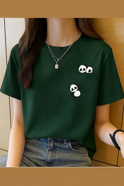 Boi Women's Unisex Oversize Combed Cotton T-Shirt Panda Pocket Mini Design Printed Women's T-Shirt Short Sleeve