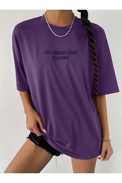 BEETON Μπλουζάκι Roads Lead Oversize Purple με κοντό μανίκι με λαιμόκοψη