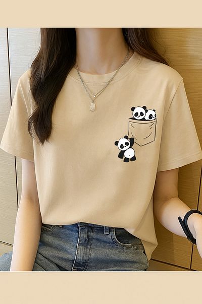 Boi Unisex Oversize Combed Cotton T-Shirt Panda Pocket Mini Design Printed Women's T-Shirt Short Sleeve