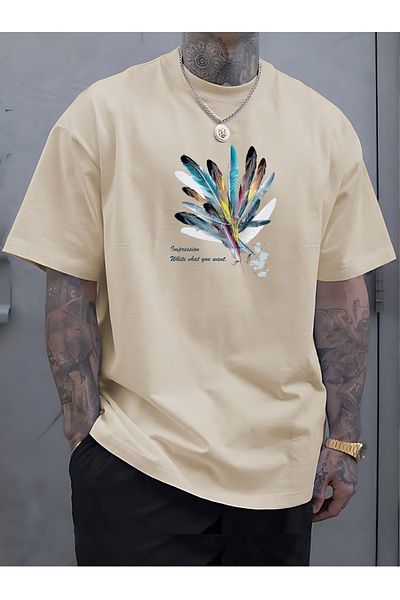 BEETON Πολύχρωμο μπλουζάκι Unisex Oversize με μοτίβο με πούπουλα - Crew Neck, κοντό μανίκι