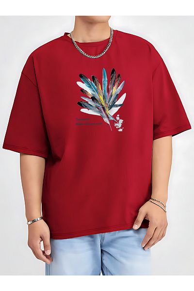 BEETON Colorful Feather Pattern Unisex Oversize T-Shirt - Crew Neck, Short Sleeve