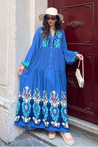 AYASOFYA OTANTIK Rochie lungă, largi, cu mâneci cu balon, cu guler cu nasturi, albastru, cu model etnic autentic