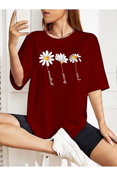 BEETON Daisies Printed T-Shirt - Printed Oversize Crew Neck Short Sleeve T-Shirt