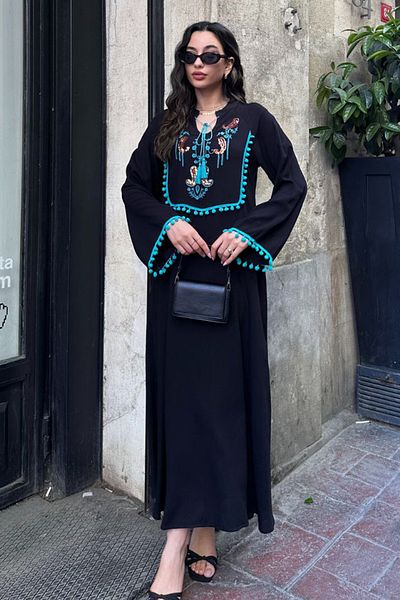 AYASOFYA OTANTIK Women's Black Lace up Placket Collar Ethnic Sequin Embroidery Processing and Pompom Detailed Long Sleeve Long Dress