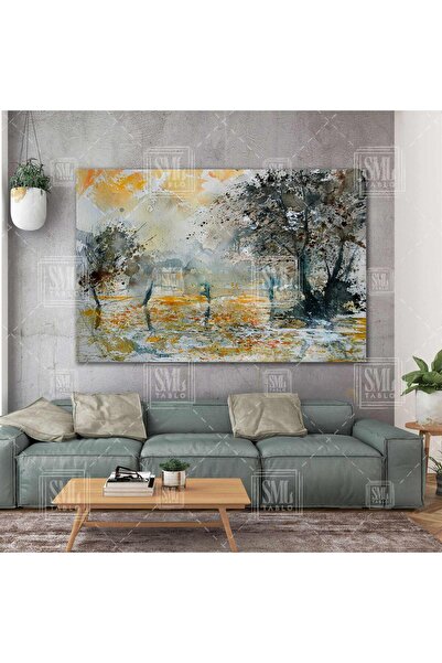 SML TABLO Sonbahar Kahverengi Ağaç Yağlı Boya Efektli Doğa Manzarası Yatay Ka...