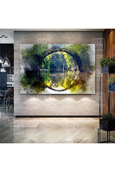 SML TABLO Suya Yansımış Eski Taş Köprü Doğa Manzara Yeşil Yatay Kanvas Tablo