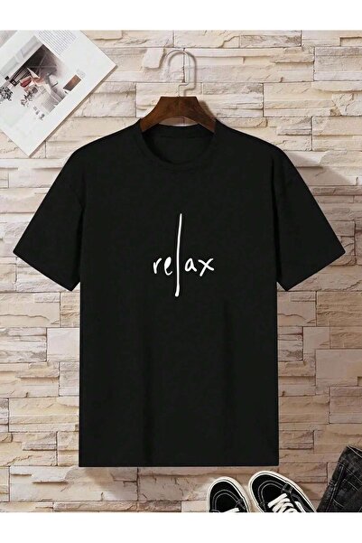 BEETON تي شيرت Relax - تي شيرت أسود مطبوع كبير الحجم برقبة دائرية وأكمام قصيرة