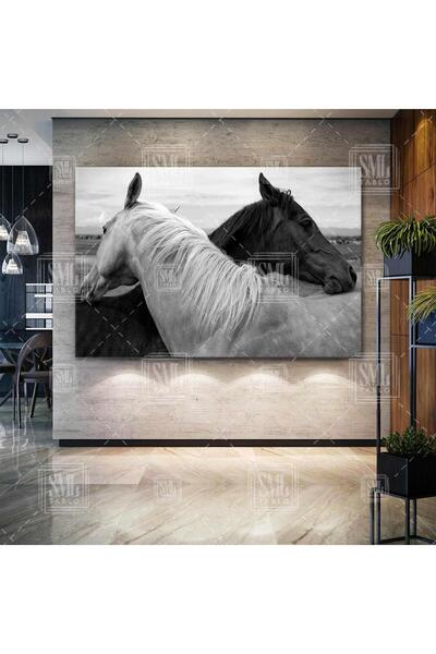 SML TABLO Siyah Beyaz Atlar Aşk Love Hayvan Asalet Dekor Yatay Kanvas Tablo