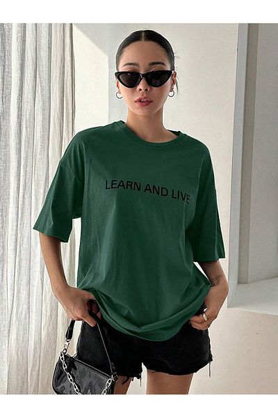 BEETON Learn And Live T-Shirt - Nefti Green Printed Oversize Crew Neck T-Shirt με κοντό μανίκι