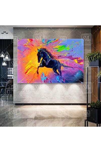 SML TABLO Pictură pătrată pe pânză cu cai nobil negru în culori strălucitoare...