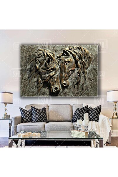 SML TABLO Bronz Levha Rölyef Örgülü Saçlı At Ve Dağınık Saçlı At Yatay Kanvas Tablo