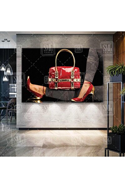 SML TABLO Kırmızı Gold Detaylı Çanta Ve Ayakkabı Takımı Lüks Çanta Yatay Kanv...