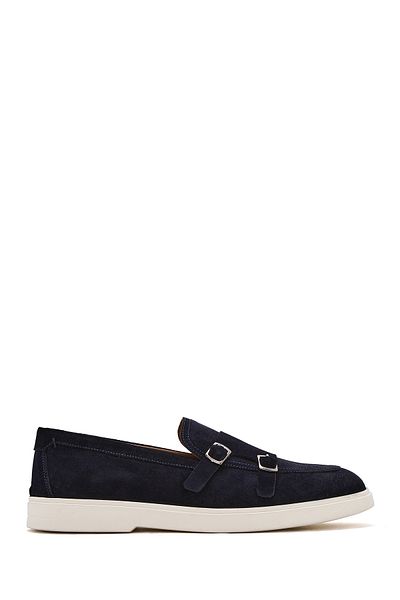 Derimod Men's Navy Blue Double Buckle Suede Leather Casual Loafer 25Sfd 750410