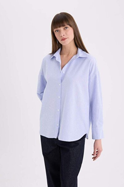 DeFacto Oversize Geniş Kalıp Çizgili Oxford Uzun Kollu Gömlek D4512AX25SP