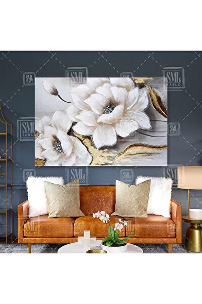 SML TABLO Gold Detaylı Büyük Beyaz Çiçekler Yatay Kanvas Tablo