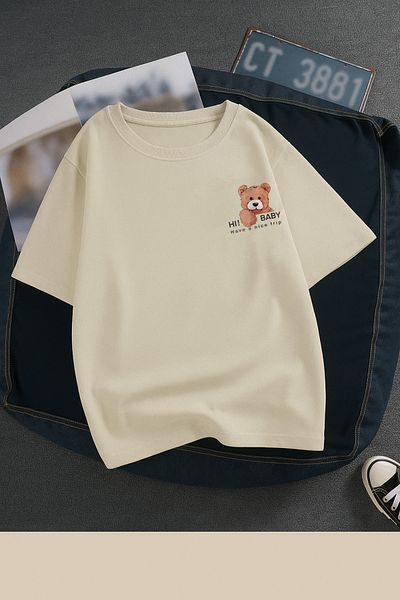 Boi Teddy Bear Pocket Λεπτομερές Oversize Loose Cut Loose T-Shirt - Μαύρο και άσπρο κοντομάνικο λαιμόκοψη πολύχρωμο